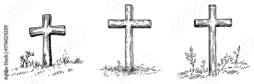 Hand Drawn Wooden Crosses on a Grave Black Shape Vector Laser Cutting Engraving Monochrome Print