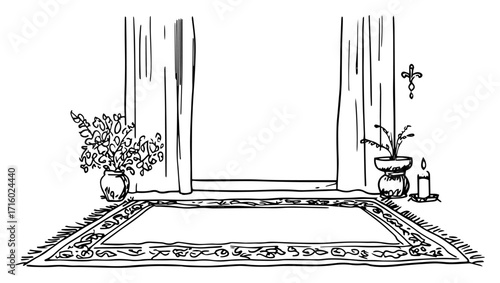 Christian Prayer Room Interior Hand Drawn Sketch black shape vector laser cutting engraving monochrome print