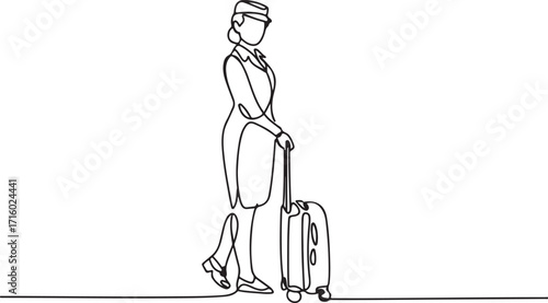 Continuous Line Art of Stewardess with Suitcase Traveling on a Trip Journey