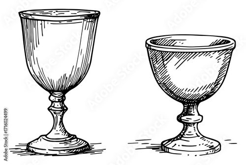 Vintage Goblet or Chalice Hand Drawn Set Black Shape Vector Laser Cutting Engraving Monochrome Print