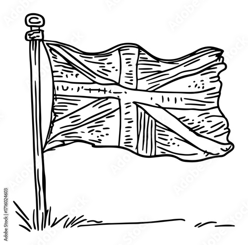 Hand Drawn Waving Union Jack Flag Sketch black shape vector laser cutting engraving monochrome print