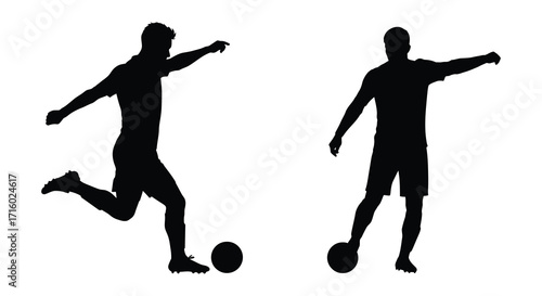 Silhouettes of two men in dynamic poses kicking a soccer ball