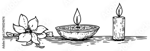Diwali Festival Celebration Elements with Diya Lamp and Candle black shape vector laser cutting engraving monochrome print