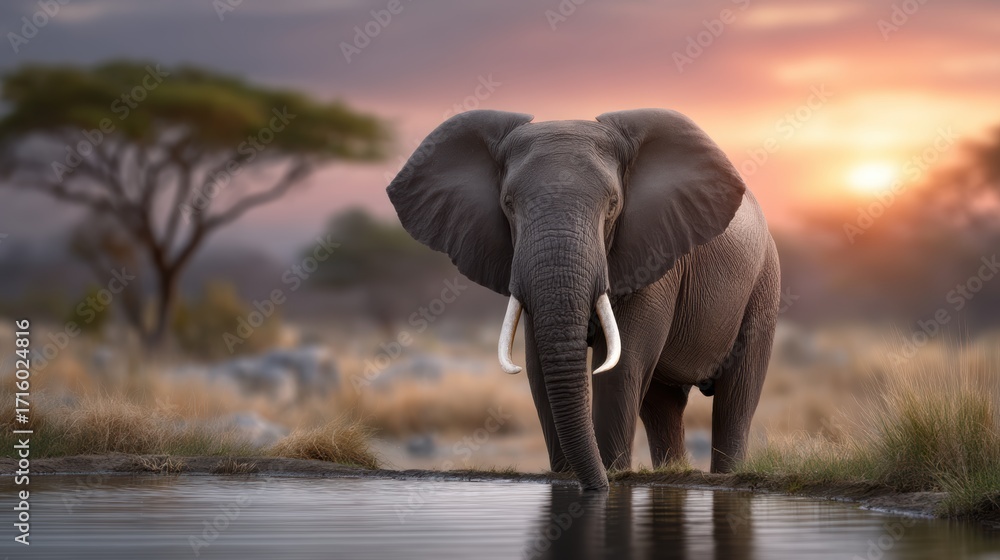Obraz premium Majestic elephant drinking water at sunset in African savanna showcasing wildlife conservation and natural beauty
