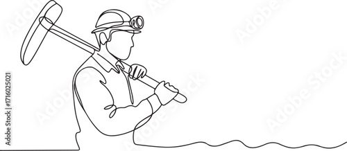 Continuous Line Drawing of a Miner with Pickaxe on Shoulder Vector Illustration