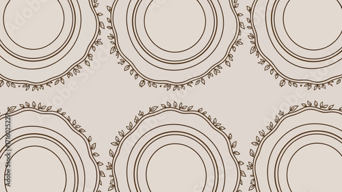Seamless pattern of circles with leaves and lines on a light background in a repeating arrangement