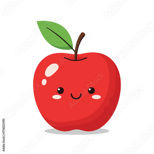A cute cartoon red apple with a smiley face and a green leaf.