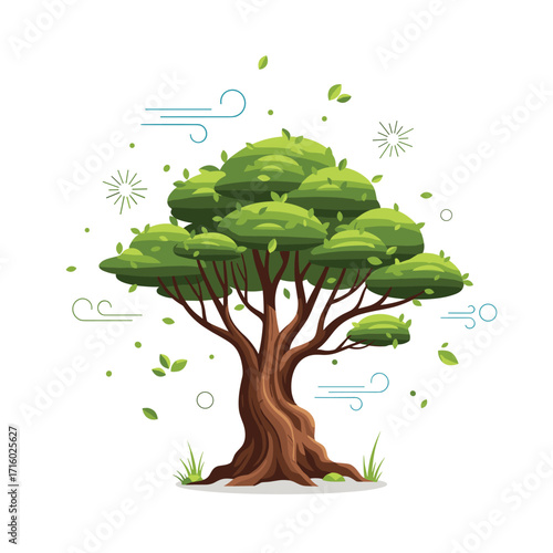 A beautiful green tree with lush foliage and swirling leaves in a gentle breeze.