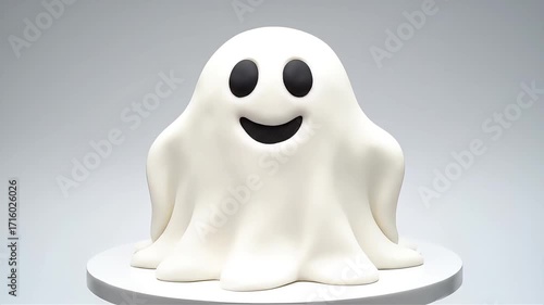 Whimsical fondant ghost cake with a friendly smile for Halloween celebrations.