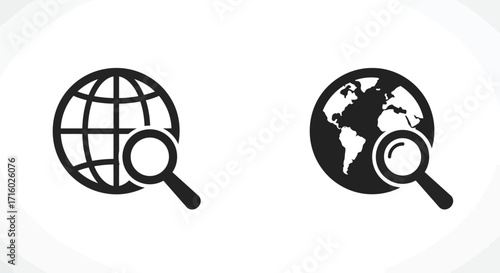 Two monochrome globe icons with magnifying glasses inspecting the world