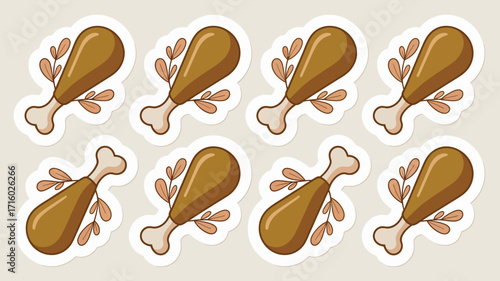 Eight cartoon chicken drumstick stickers with bone and leaves on a light background pattern design