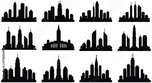 Silhouettes of modern city skylines in a seamless repeating pattern