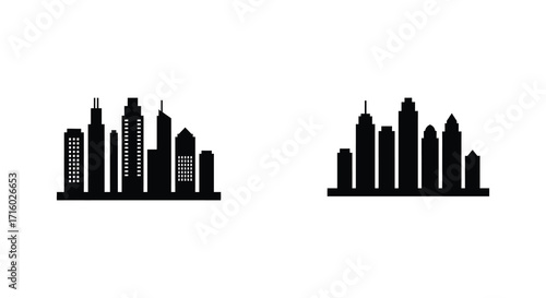 Two silhouetted city skylines depicted in a minimalist black and white style