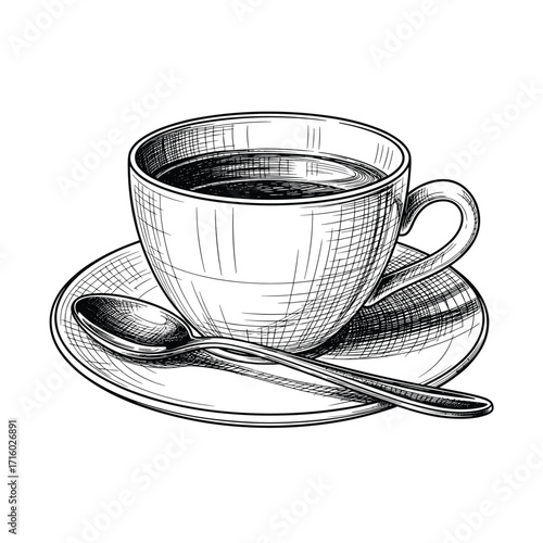 A simple drawing of a coffee cup and saucer with a spoon.