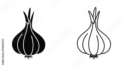 Two simple black and white illustrations of onions side by side