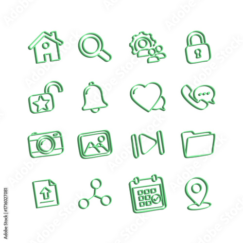 Green Outline UI Icons — Hand‑Drawn Sketch Style Pack (16 Icons)
