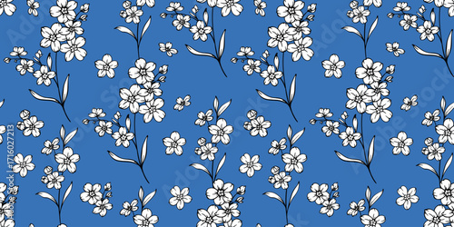 Floral seamless pattern with Forget-me-nots. Flower background. Trendy Flower pattern hand drawn line art design. Elegant seamless background minimalist style