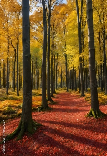 A serene forest path blanketed with rich autumn leaves winds gently through tall, dark tree trunks. Golden-orange foliage glows under soft, diffused light, creating a warm, magical atmosphere.