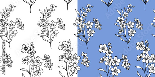 Floral seamless pattern with Forget-me-nots. Flower background. Trendy Flower pattern hand drawn line art design. Elegant seamless background minimalist style