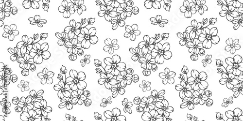 Floral seamless pattern with Forget-me-nots. Flower background. Trendy Flower pattern hand drawn line art design. Elegant seamless background minimalist style