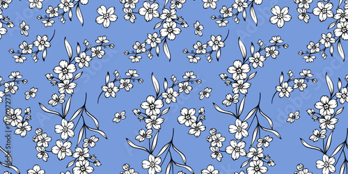 Floral seamless pattern with Forget-me-nots. Flower background. Trendy Flower pattern hand drawn line art design. Elegant seamless background minimalist style