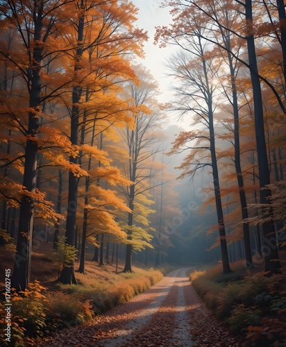 A serene forest path blanketed with rich autumn leaves winds gently through tall, dark tree trunks. Golden-orange foliage glows under soft, diffused light, creating a warm, magical atmosphere.
