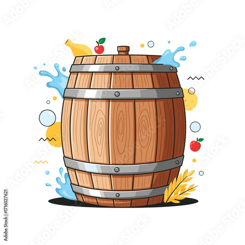 A wooden barrel brimming with fresh fruits and refreshing splashes of water.