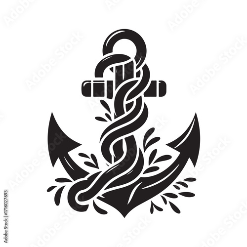 Anchor wrapped in kelp and chain vector silhouette outline logo design concept illustration