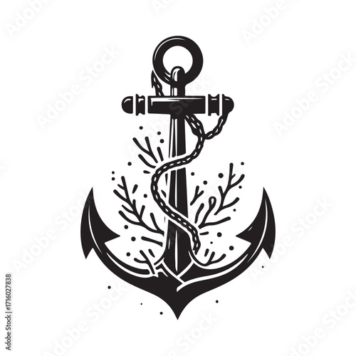 Anchor wrapped in kelp and chain vector silhouette outline logo design concept illustration