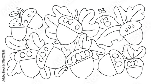 A detailed black and white outline drawing of acorns and leaves in a pattern for coloring book use