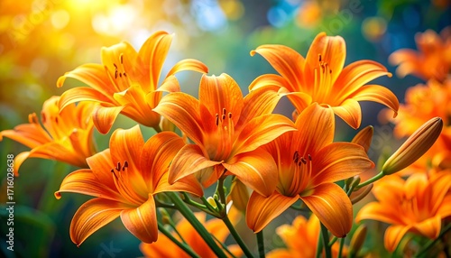 Vibrant orange lilies in sunlight