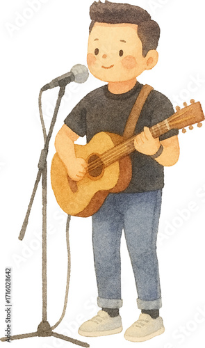 Illustration of Man Singing and Playing Guitar