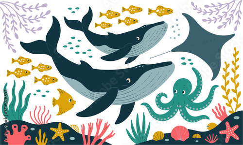 Cute Underwater Animals with Coral and Seaweed Flat Pastel Vector illustration, easily editable and scalable.