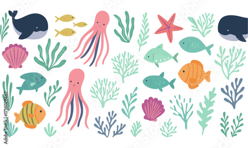 Cute Underwater Animals with Coral and Seaweed Flat Pastel Vector illustration, easily editable and scalable.