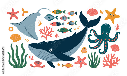 Cute Underwater Animals with Coral and Seaweed Flat Pastel Vector illustration, easily editable and scalable.