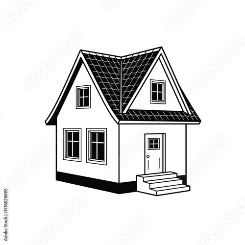 A simple illustration of a detached house with a pitched roof and windows.