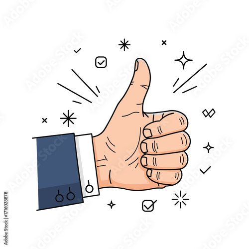 A hand giving a thumbs up gesture surrounded by celebratory elements and sparkling lights.