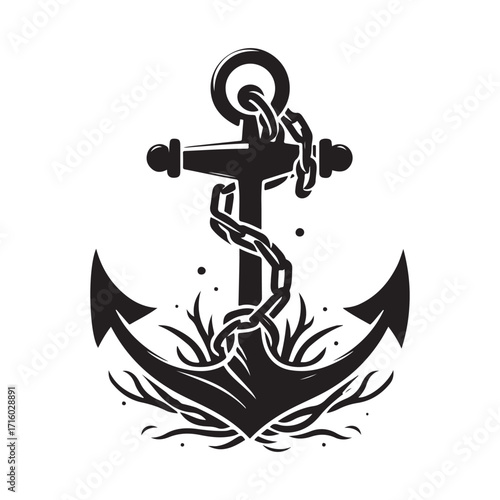 Anchor wrapped in kelp and chain vector silhouette outline logo design concept illustration