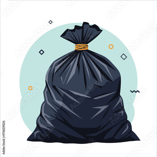 A large black garbage bag filled with trash tied at the top with yellow string.