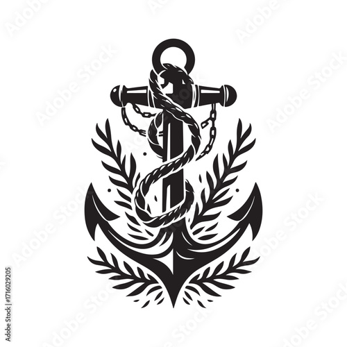 Anchor wrapped in kelp and chain vector silhouette outline logo design concept illustration