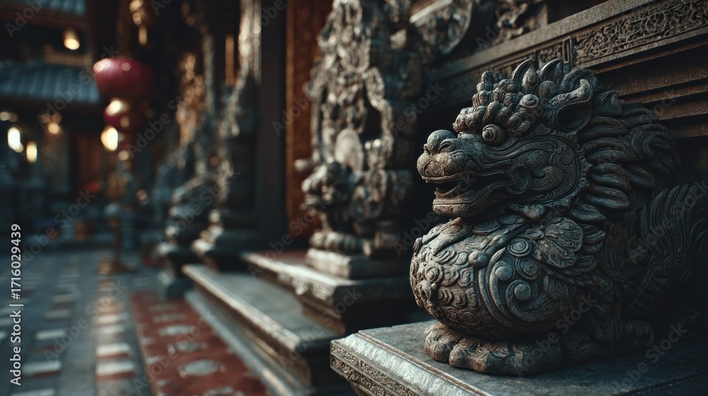 Fototapeta premium Ornate Chinese lion sculpture guarding an ancient temple entrance