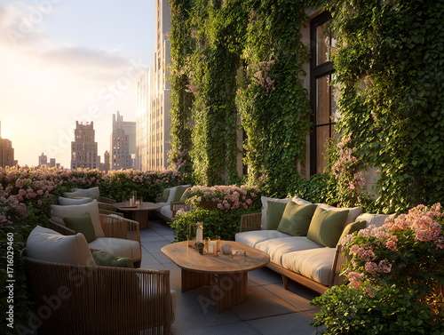A serene outdoor terrace adorned with lush greenery and flowers.