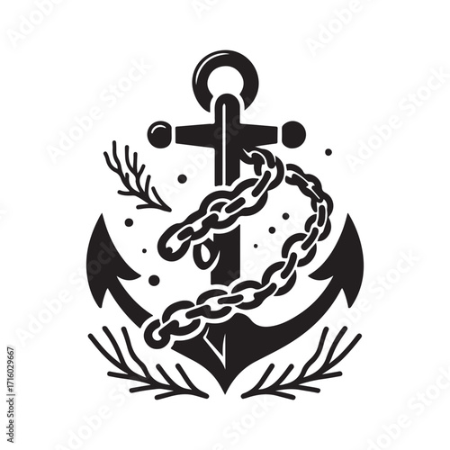 Anchor wrapped in kelp and chain vector silhouette outline logo design concept illustration