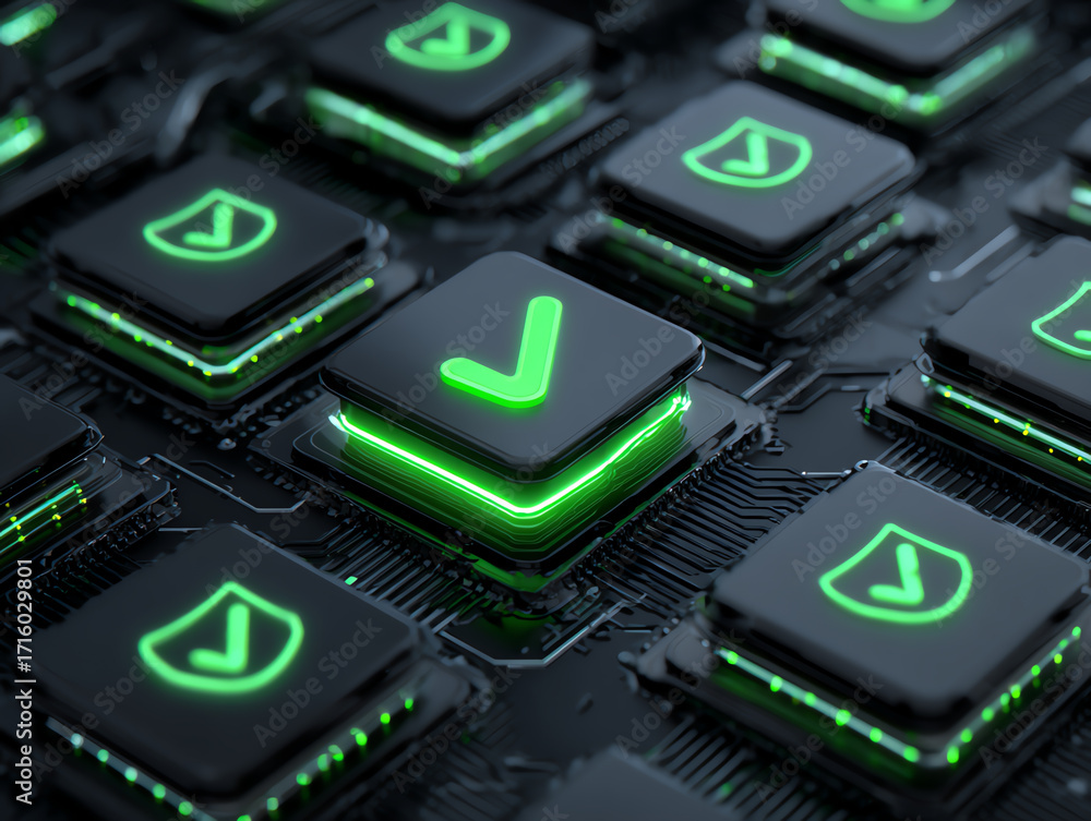 Fototapeta premium Futuristic keyboard with glowing green checkmark on black keys.