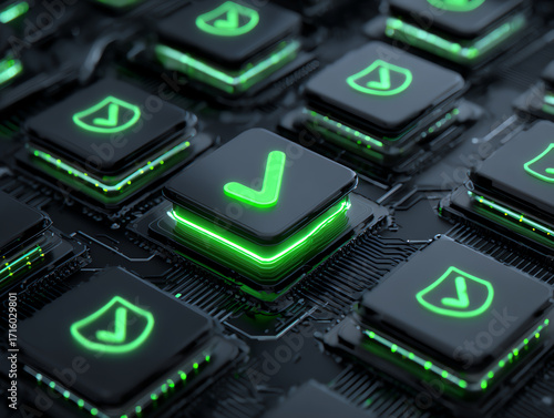 Futuristic keyboard with glowing green checkmark on black keys.