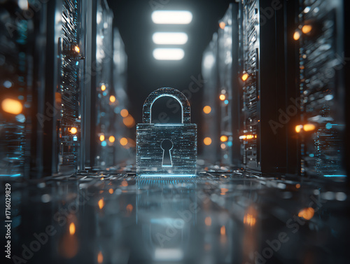 Digital lock in a futuristic server room with glowing elements.
