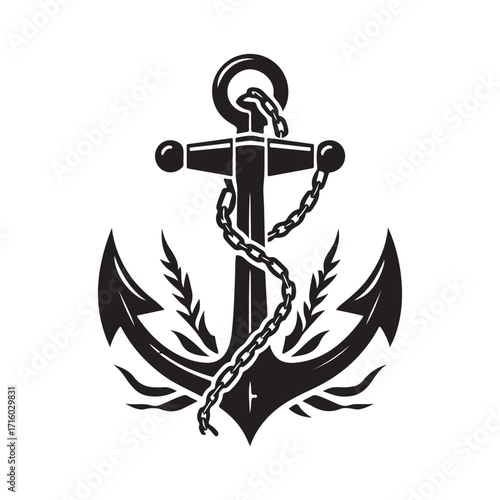 Anchor wrapped in kelp and chain vector silhouette outline logo design concept illustration