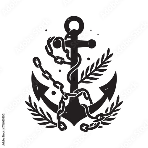 Anchor wrapped in kelp and chain vector silhouette outline logo design concept illustration