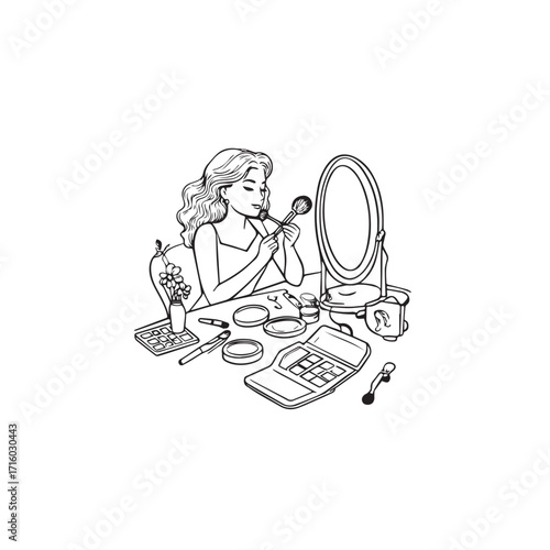 Black and white line art of a beautiful woman doing makeup at dressing table with mirror illustration
