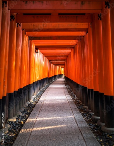 Vibrant orange torii gate tunnel